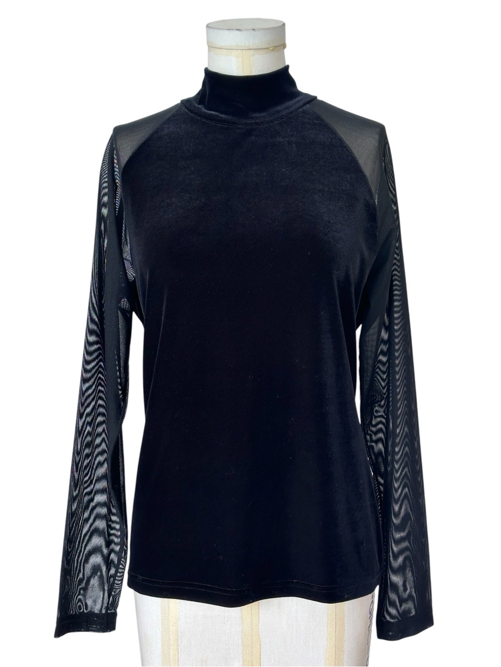 Karen Kane Lifestyle Black Velvet Mesh Sleeve Top Mock Neck Feminine Size Large
